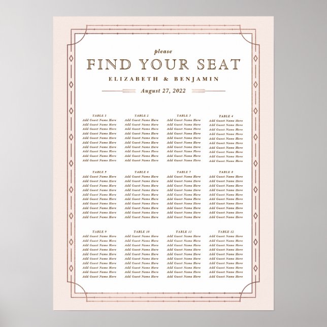 12 Tableaux | Art Déco Blush Rose Gold Foil Mariag (Devant)