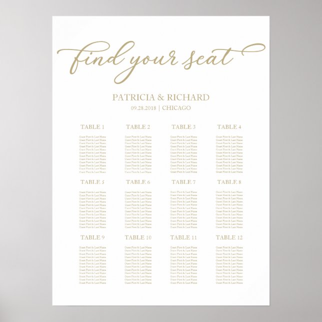 12 Tables Wedding Seating Plan Chic Script Poster (Devant)