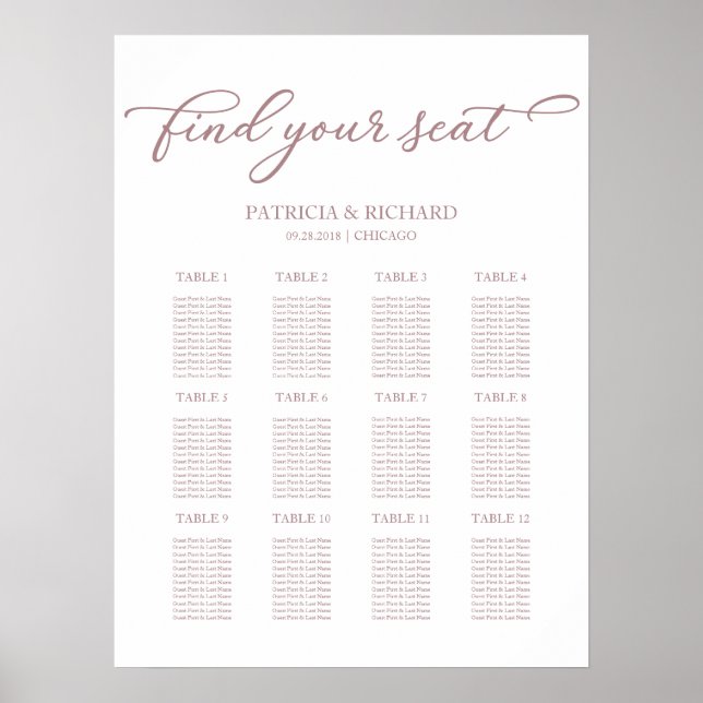 12 Tables Wedding Seating Plan Chic Script Poster (Devant)