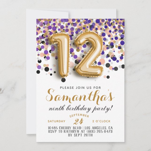 12e anniversaire Confetti Invitation (Devant)