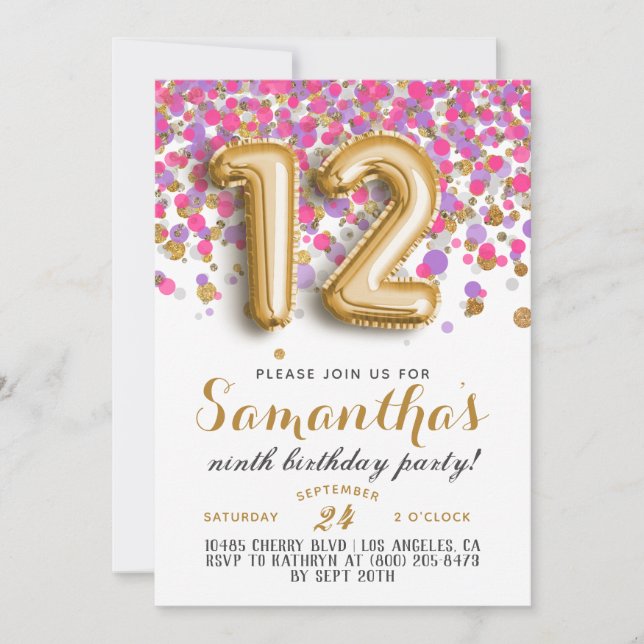 12e anniversaire Confetti Invitation (Devant)