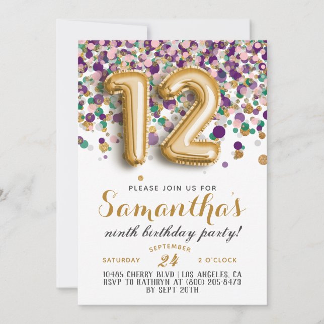 12e anniversaire Confetti Invitation (Devant)
