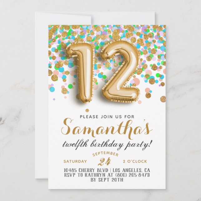 12e anniversaire Confetti Invitation (Devant)