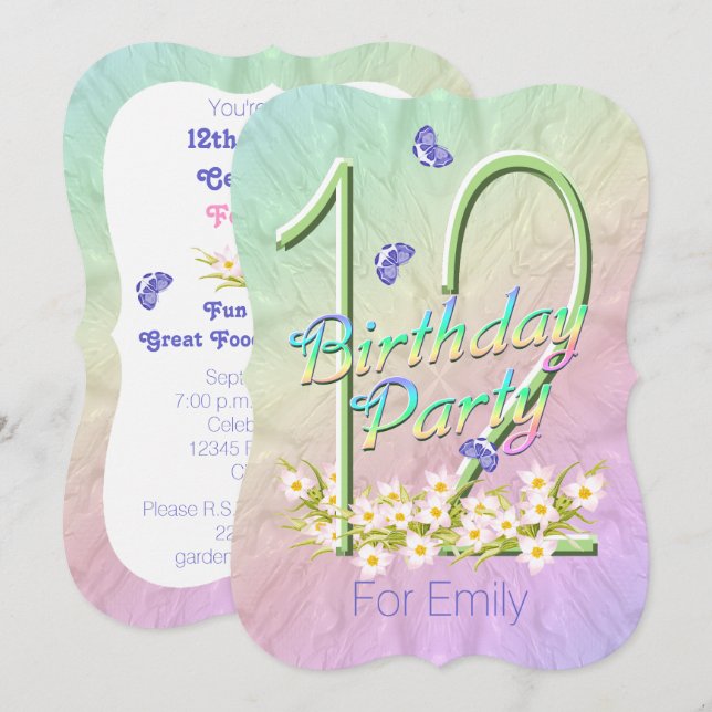 12e anniversaire Fête Rainbow Garden Invitations (Devant / Derrière)