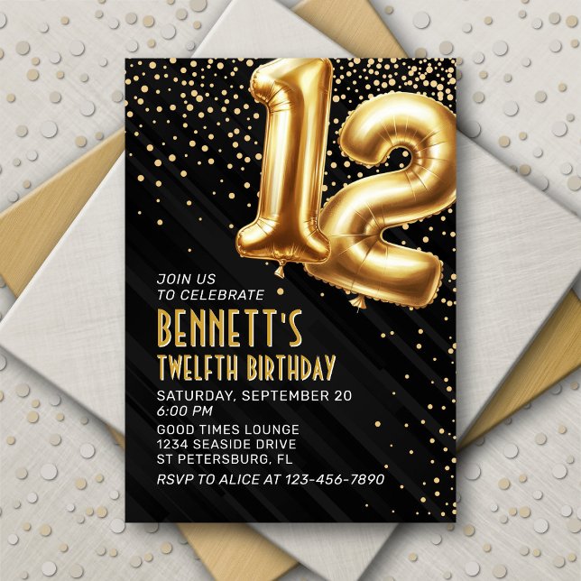 12e anniversaire Gold Black Invitation (Créateur téléchargé)