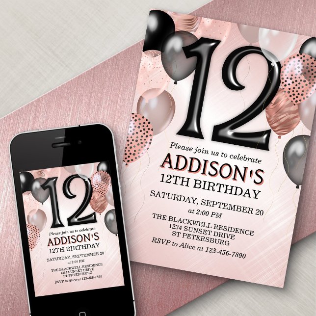 12e anniversaire Rose Gold Ballons Invitation (Créateur téléchargé)