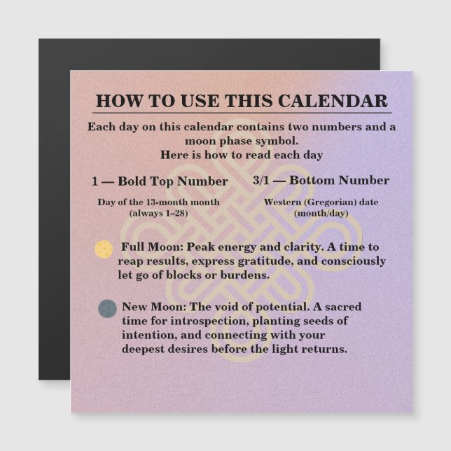 13-Month Moon Phase Zodiac instructions Calendar (Devant / Derrière)