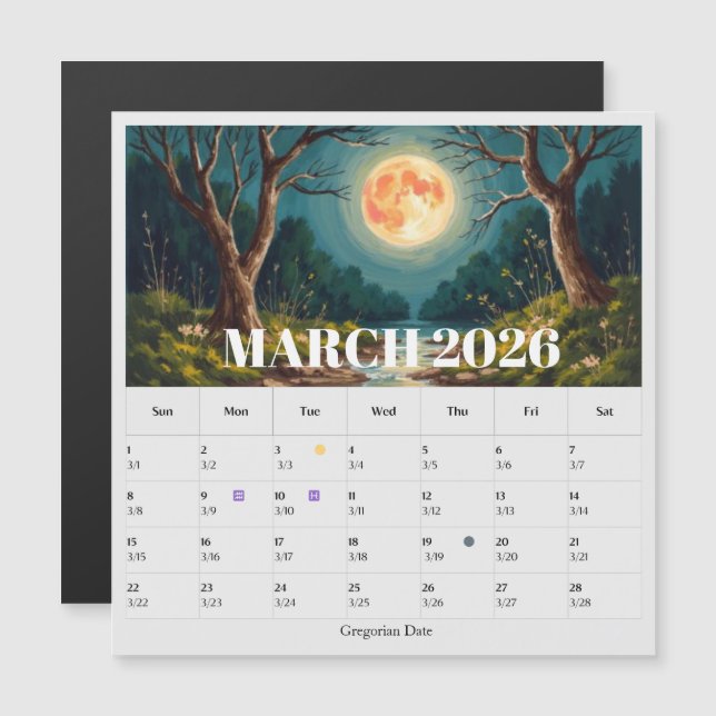 13-Month Moon Phase Zodiac March Calendar (Devant / Derrière)
