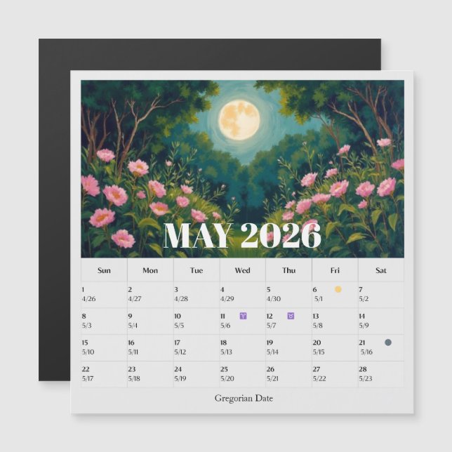 13-Month Moon Phase Zodiac May Calendar (Devant / Derrière)