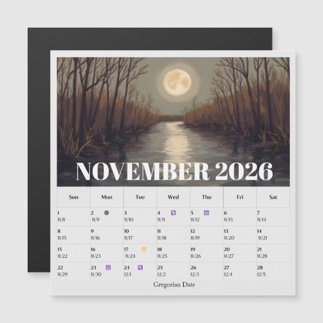 13-Month Moon Phase Zodiac november Calendar (Devant / Derrière)