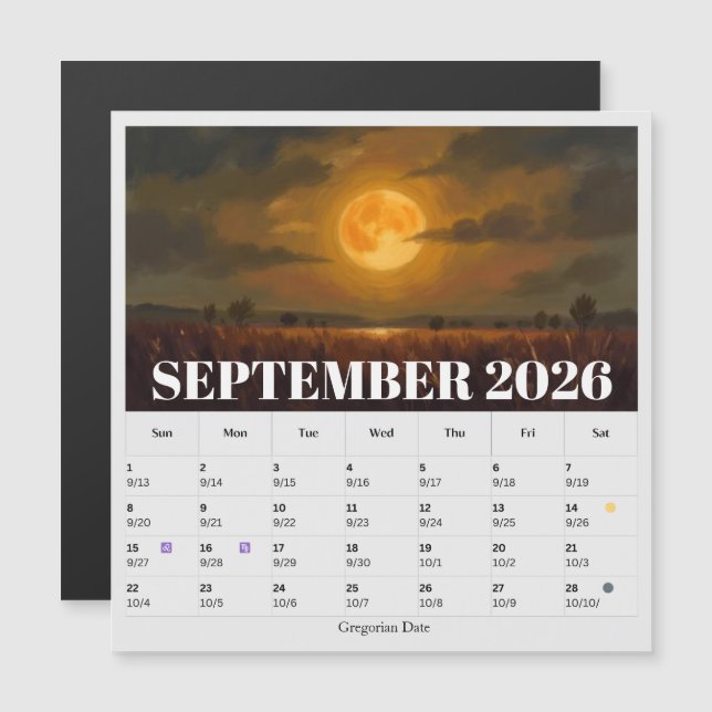 13-Month Moon Phase Zodiac September Calendar (Devant / Derrière)