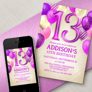 13e anniversaire Ballons roses Invitation
