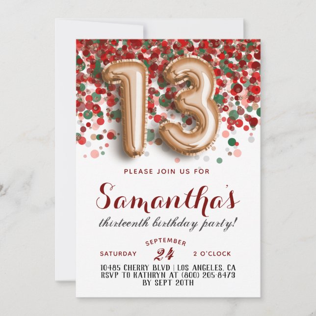 13e anniversaire Confetti Invitation (Devant)