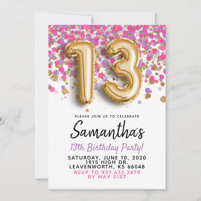 13e anniversaire Gold Confetti Invitation (Devant)