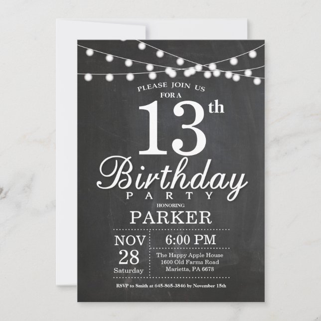 13e anniversaire Invitation Chalkboard lumières (Devant)