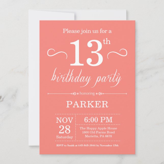 13e anniversaire Invitation Coral (Devant)