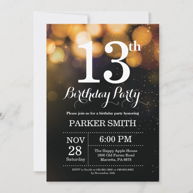 13e anniversaire Invitation Gold Parties scintilla (Devant)