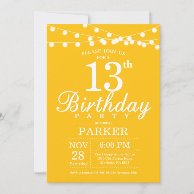 13e anniversaire Invitation Jaune (Devant)