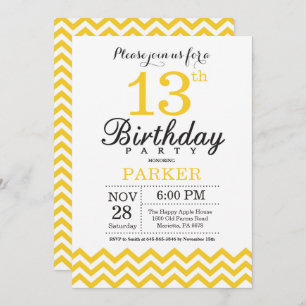 13e anniversaire Invitation Jaune Chevron