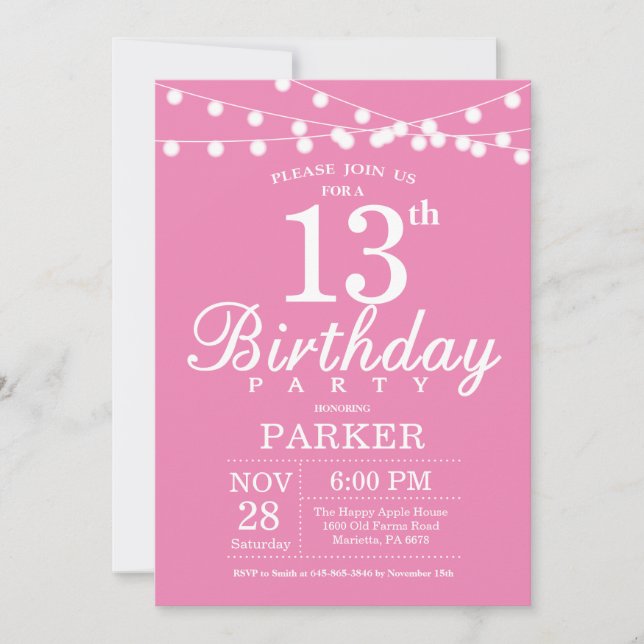 13e anniversaire Invitation rose (Devant)
