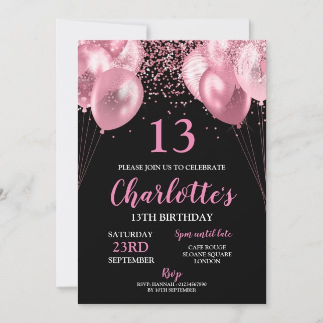 13e anniversaire Invitation rose néon noir (Devant)