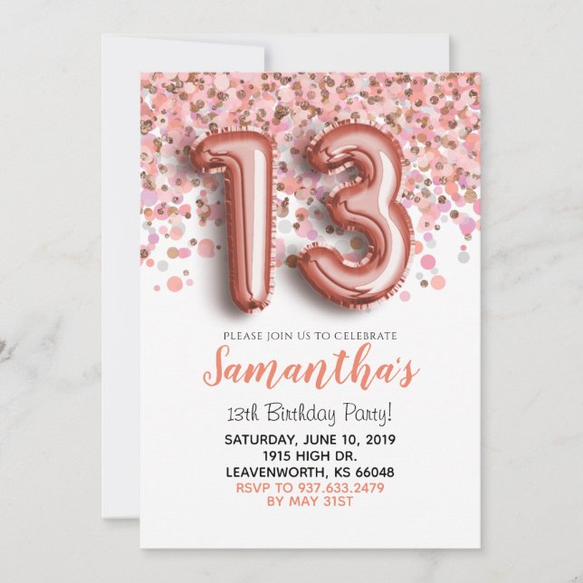13e anniversaire Rose Gold Confetti Invitation (Devant)
