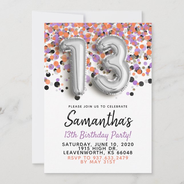13e anniversaire Silver Confetti Invitation (Devant)