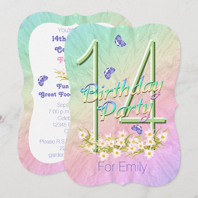 14e anniversaire Fête Rainbow Garden Invitations (Devant / Derrière)