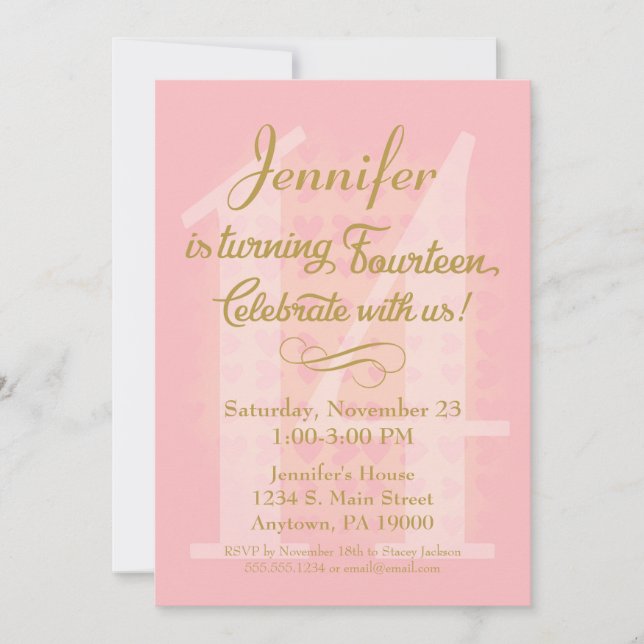 14e anniversaire Invitation Filles Coeurs d'or ros (Devant)