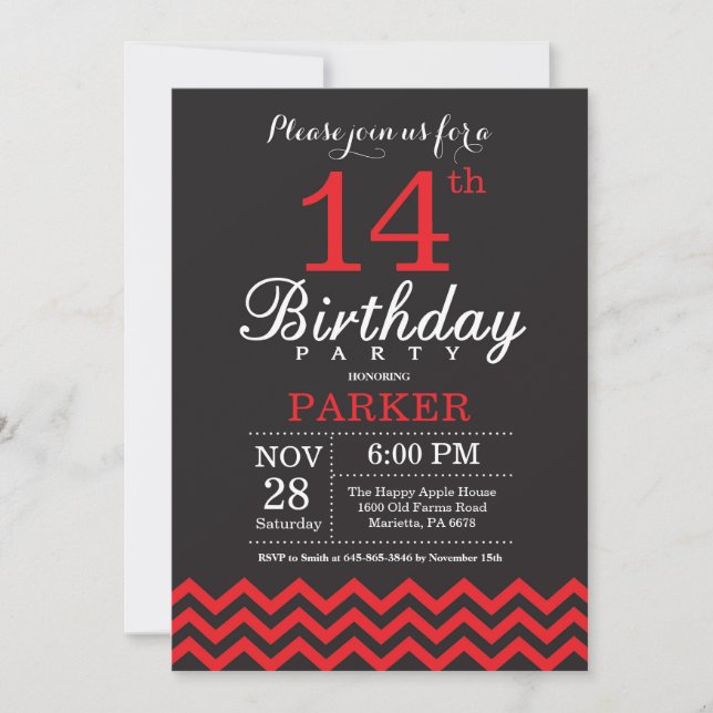 14e anniversaire Invitation Noir et Rouge (Devant)