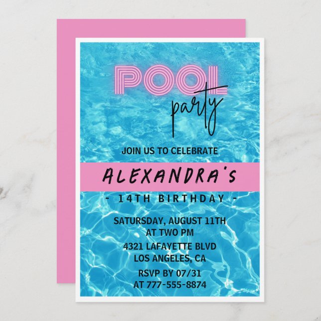 14e anniversaire invitation pour son Pool Party Su (Devant / Derrière)