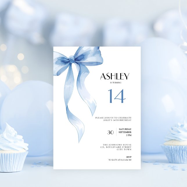 14th Birthday Invitation Blue Bow for Teen Girls (Blue bow coquette 14th birthday invitation for girls)
