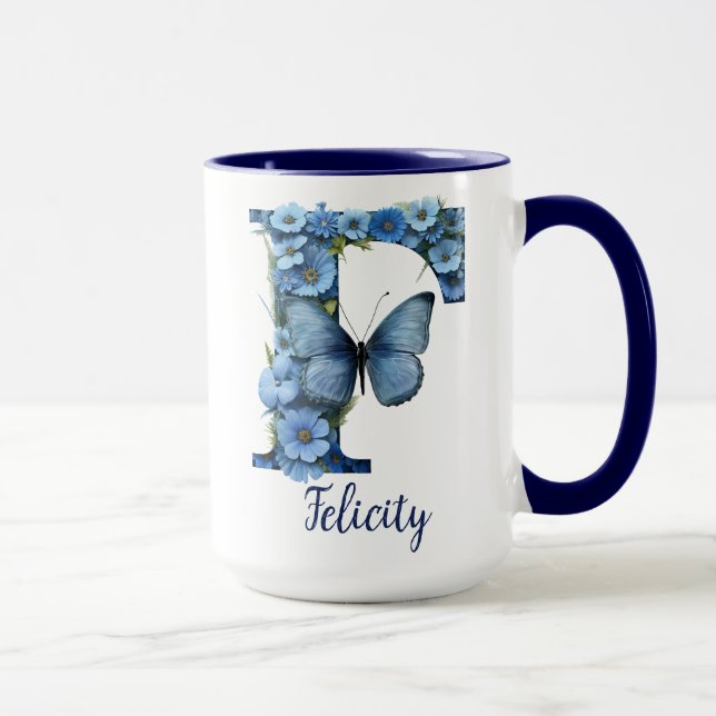 15 onces Floral Blue Monogrammed Café Mug (Droite)
