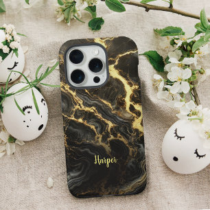 15 Pro Coque iphone personnalisé en marbre d'or noir