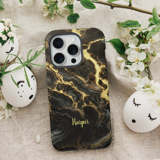 15 Pro Coque iphone personnalisé en marbre d'or noir