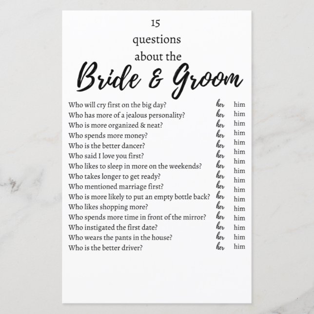 15 Questions About the Bride & Groom Wedding Game  (Devant)