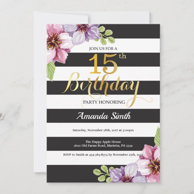 15e anniversaire Invitation Ado Floral (Devant)