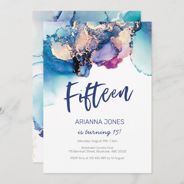 15e anniversaire Invitation Couleur d'eau bleue Ab (Devant / Derrière)