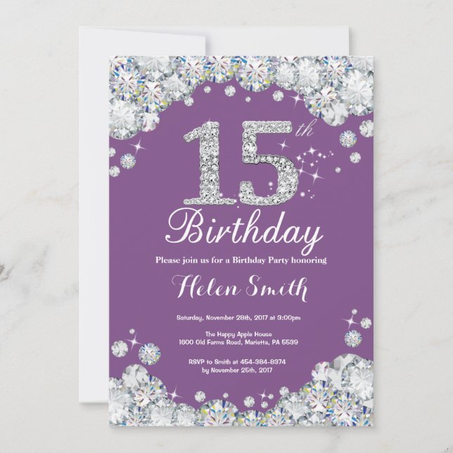 15e anniversaire Invitation Diamant mauve et argen (Devant)