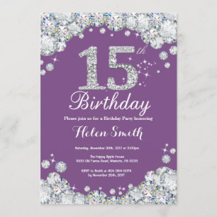 15e anniversaire Invitation Diamant mauve et argen