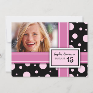 15e anniversaire Invitation Dots noirs roses