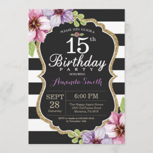 15e anniversaire Invitation Femmes. Or floral noir