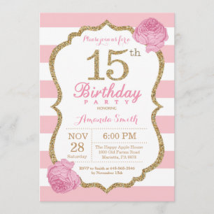 15e anniversaire Invitation Florale rose et or