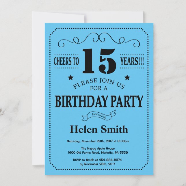 15e anniversaire Invitation Noir et Bleu (Devant)
