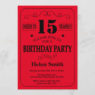 15e anniversaire Invitation Noir et Rouge