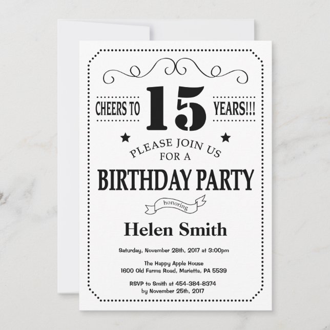 15e Invitation d'anniversaire Noir et blanc (Devant)