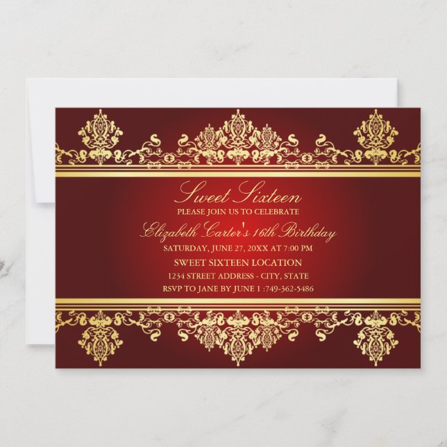 16 ans | Invitation élégante Red & Gold Damask (Devant)