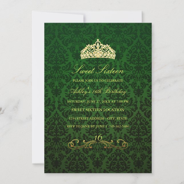 16 ans | Invitation Green Tiara & Damask (Devant)