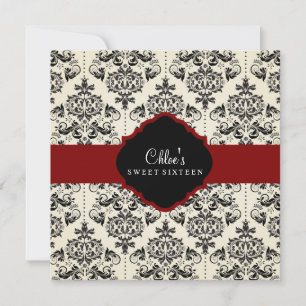 16 ans   Invitation Red & Black Damask