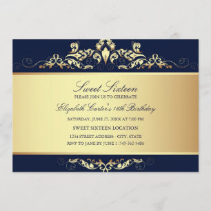 16 ans   Invitation Royal Blue & Gold Damask